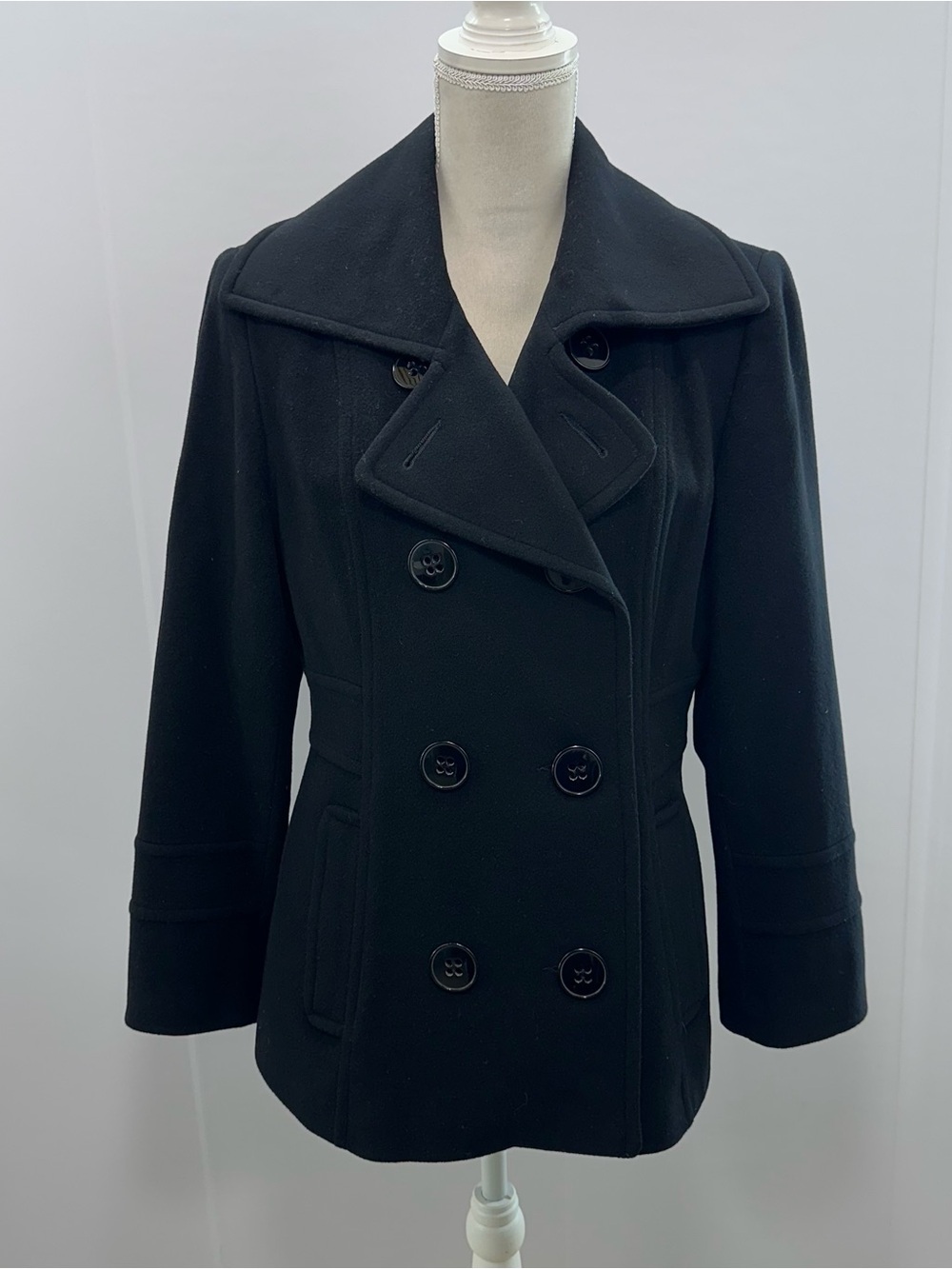 Women's Black Double-Breasted Wool-Cashmere Blend Peacoat